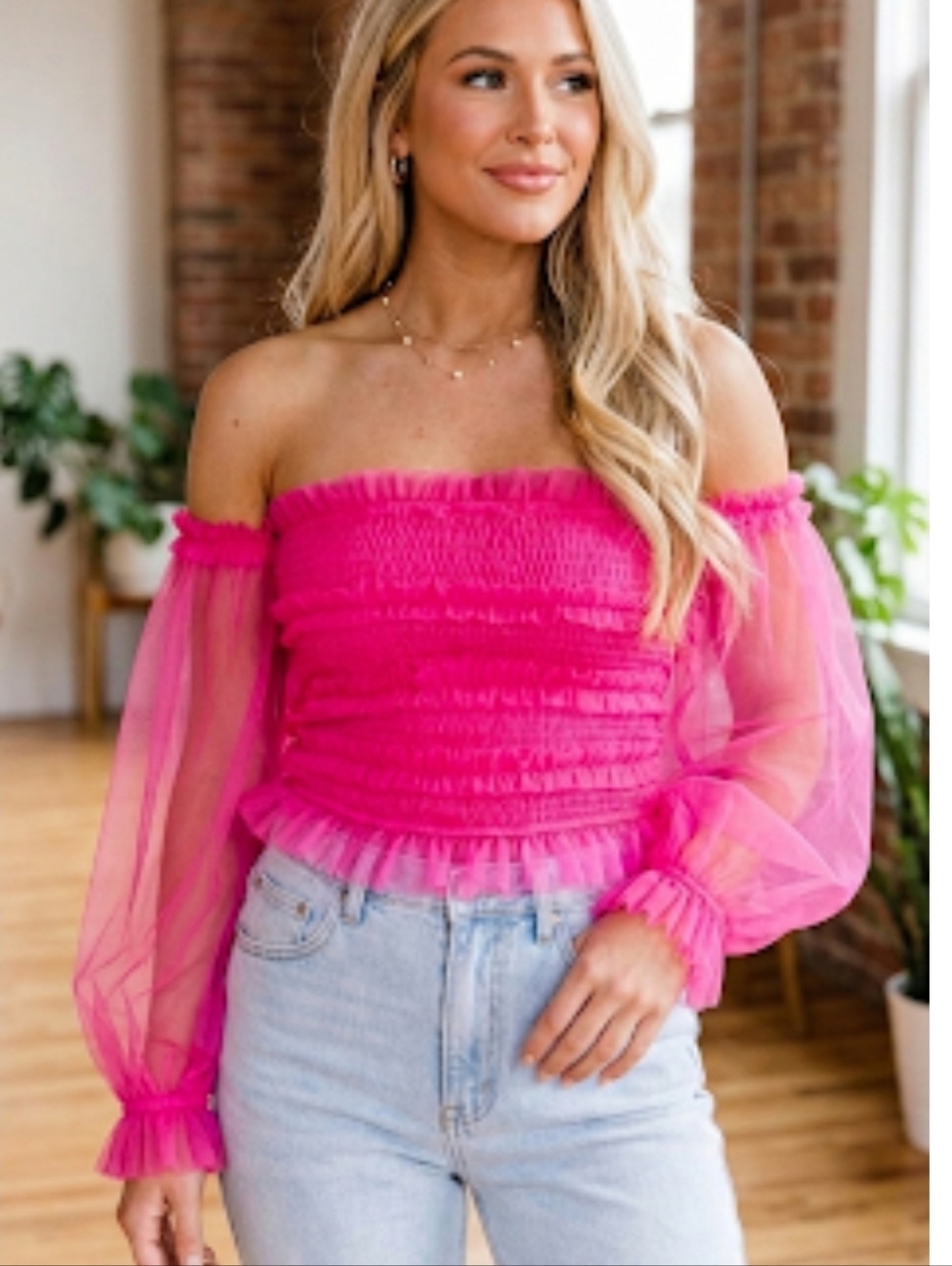 Tea & Cup Hot Pink Tulle Smocked Off Shoulder Top Size Small